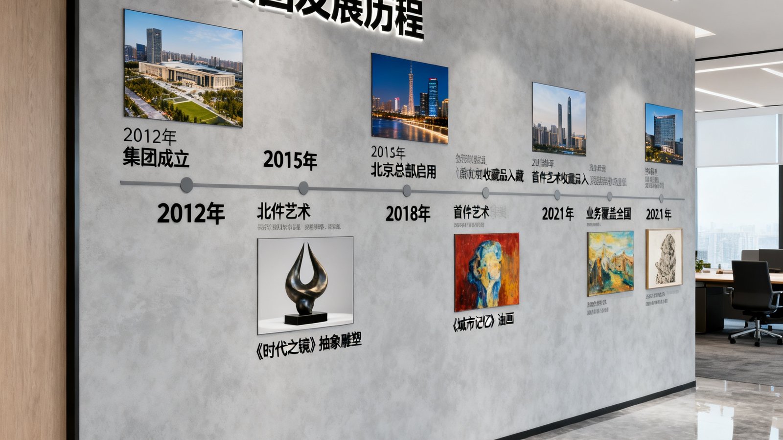 永利集团北京总部办公空间的文化墙，展示集团自2012年成立以来的重要里程碑照片与艺术收藏品