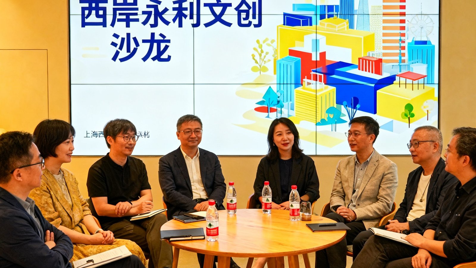 上海西岸永利文创沙龙现场，八位来自不同领域的嘉宾围坐在圆桌旁进行深度对谈，背景墙展示着活动主题视觉