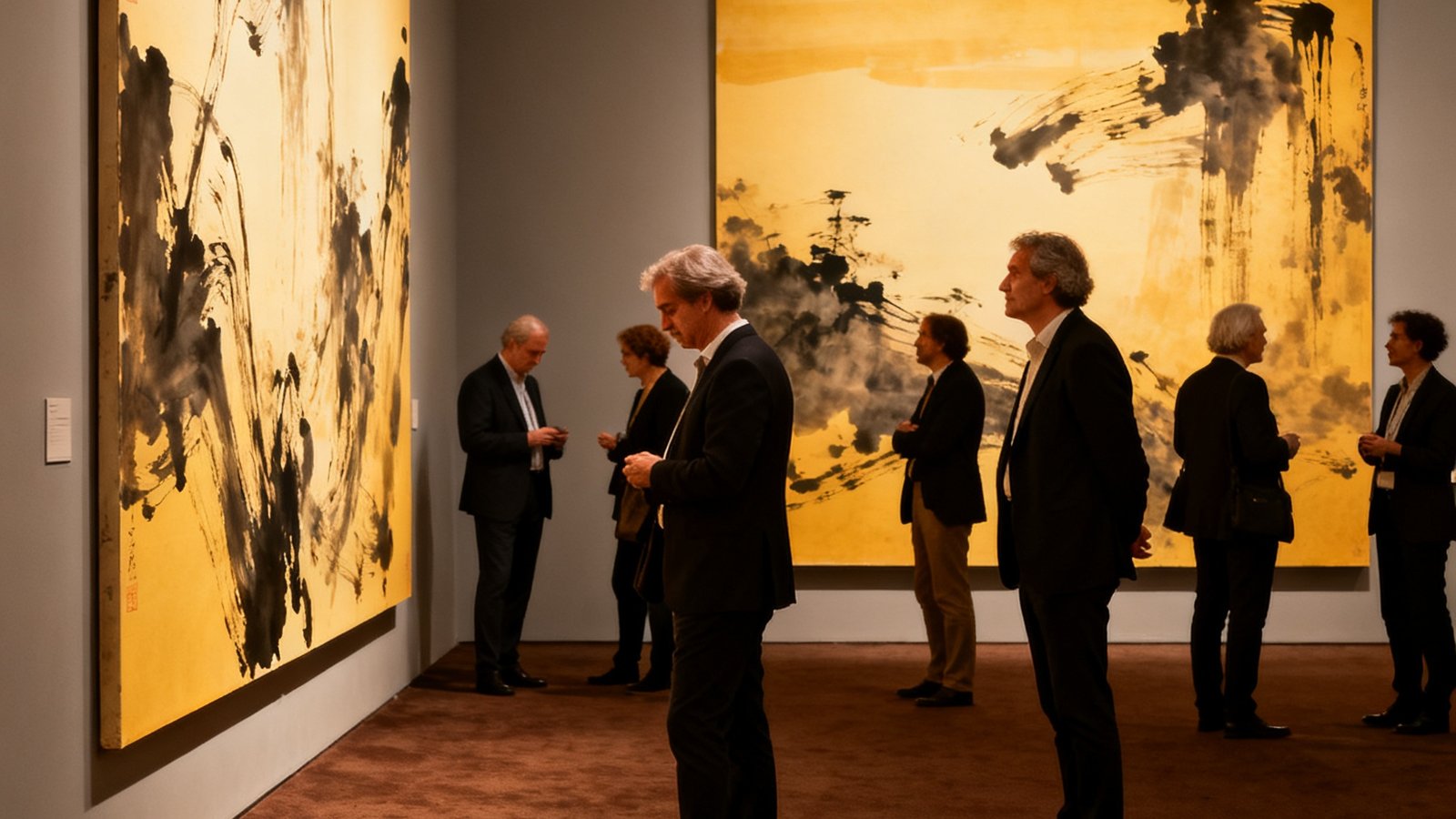 永利集团在巴黎秋季艺术沙龙布置的中国当代水墨艺术展区，展厅以暖色调灯光映照大幅水墨作品，多位国际藏家驻足欣赏